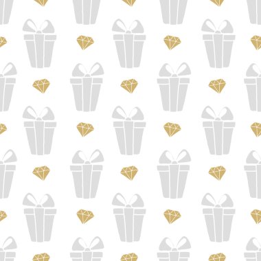 Vektör seamless modeli hediye kutuları ve diamondsl doodle tarzı. El çizimi.
