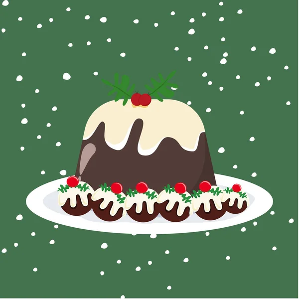 緑と雪の背景にプレート上に置かれたクリスマスプディング 甘いクリスマスデザートコンセプト — ストックベクタ