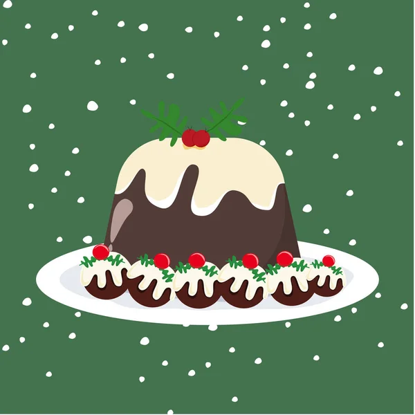 Noel Pudingi Yeşil ve Karlı Arkaplanda Tabaklara Yerleştirilmiş, Tatlı Noel Tatlısı Konsepti.