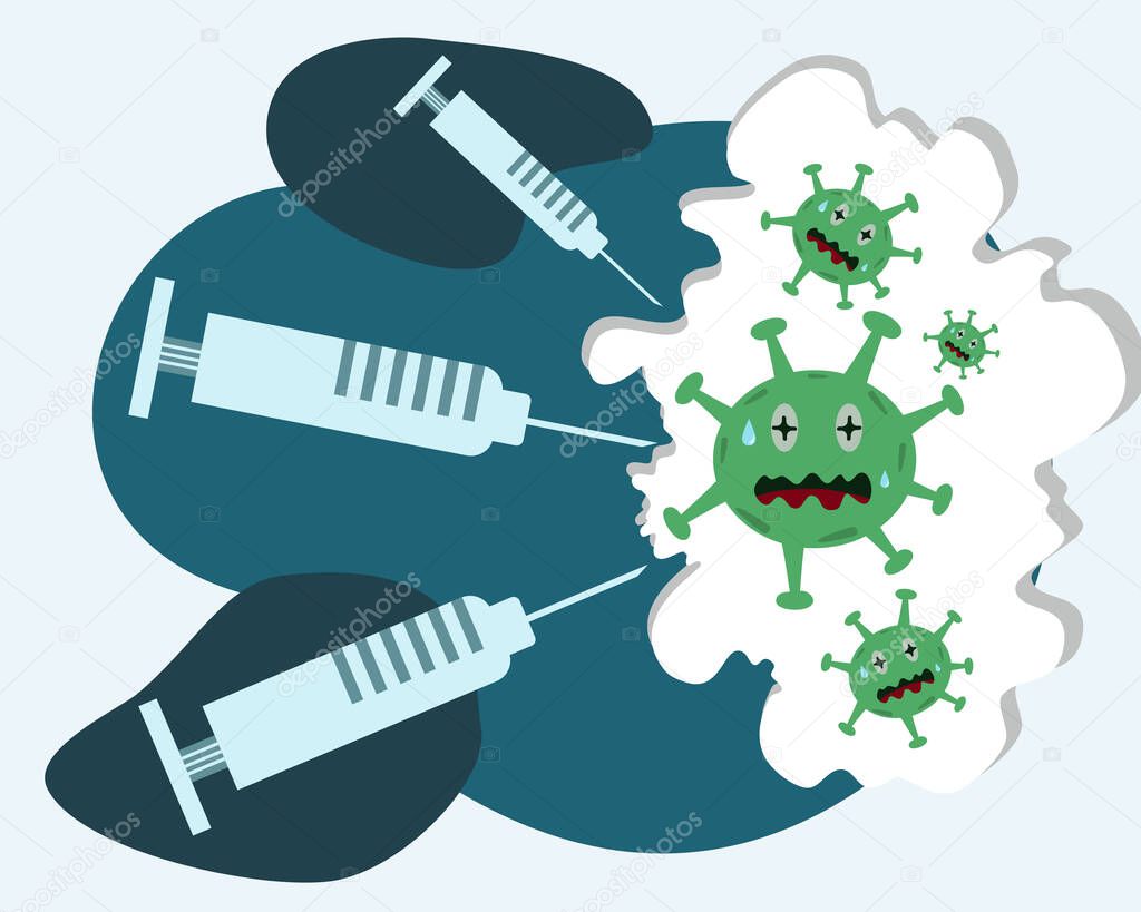 Vacuna contra el covid 19, jeringa de dibujos animados vectoriales y virus, concepto de vacuna contra el coronavirus 2023 Vacuna contra el covid 19, jeringa de dibujos animados vectoriales y virus, concepto de vacuna contra el coronavirus 2023