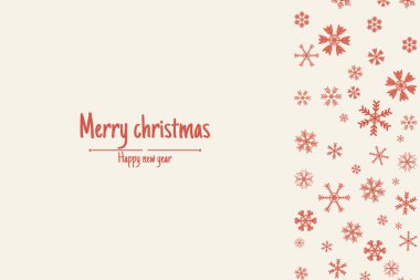 Noel arkaplanı, yumuşak tonlarda kırmızı kar taneleri, Noel ve Mutlu Yıllar tebrik kartları ile tamamlanmış..