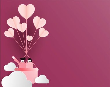 Genç aşıklar için sevgililer günü kartı, pembe kart tonu, bulutlu kalp balonu, kağıt kesiği tarzı, vektör illüstrasyonu