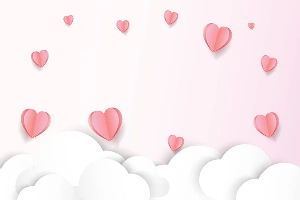 Corazón Nube Papel Cortado Fondo Estilo Tarjeta San Valentín Rosa — Vector de stock