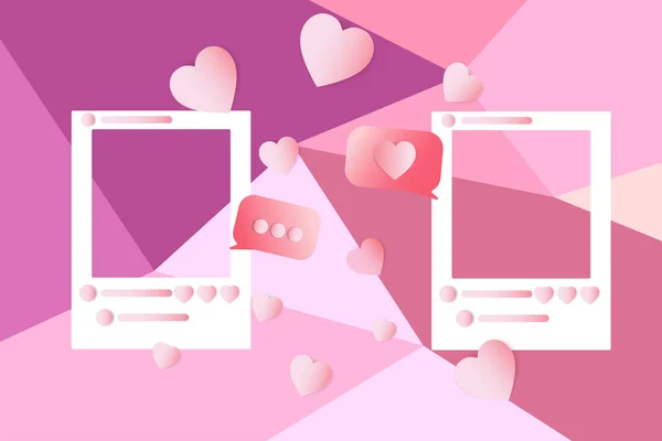 ピンクの紙の心を持つ2つの白いソーシャルメディアの写真フレーム 電話で愛を送るための概念 多角形の背景を持つバレンタインデーのためのフレーム ベクトルイラスト — ストックベクタ