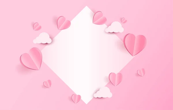 Elementos Cortados Papel Forma Corazón Volando Nubes Sobre Fondo Rosa — Vector de stock