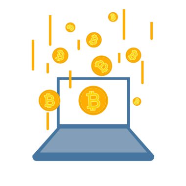 Laptop ve Bitcoin, çevrimiçi para değişimi, Kripto döviz konsept vektör illüstrasyonu
