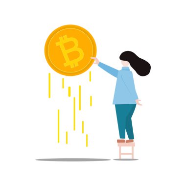 Bitcoin tutan kadınlar, Bitcoin tasarrufu ve para tasarrufu fikirleri, çevrimiçi para değişimi, kripto para değişimi fikirleri ve döviz kuru grafikleri. Vektör illüstrasyonu