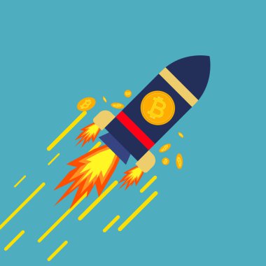 Roket ve Bitcoin Yükselen Değerler Fikirleri, Çevrimiçi Değişim, Şifreleme Fikirleri ve Değişim Oranları. Vektör illüstrasyonu