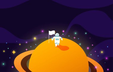 Parlak satürn arkaplanı, parlayan astronot takımyıldızlı uzay duvar kağıdı, tasarım için kopyalama alanı, düz stil illüstrasyon.