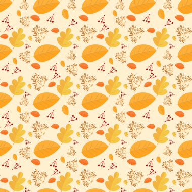 Sonbahar yaprakları desenli kusursuz arkaplan, sonbahar dönemi vektör illüstrasyon konsepti, duvar kağıdı, tekstil, kumaş deseni, halı veya giyim için.