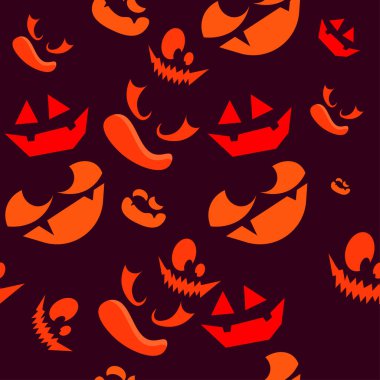 Cadılar Bayramı gecesinde balkabağı ve şeytan yüzünün kusursuz desenli arka planı. Sonbahar fikirleri, vektör çizimleri, duvar kağıdı, kumaş, ambalaj kağıdı için festival