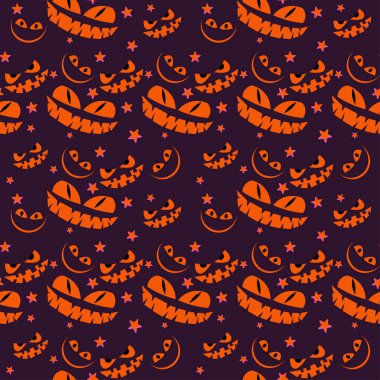 Eflatun arka planda yıldızlı kusursuz cadılar bayramı hayaleti deseni, sonbahar tatillerinde komik karikatür yüzleri. Kağıt vektör illüstrasyonunun hediye paketi EPS10