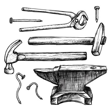 Hand drawing tools anvil hammer nails - Stock Image clipart