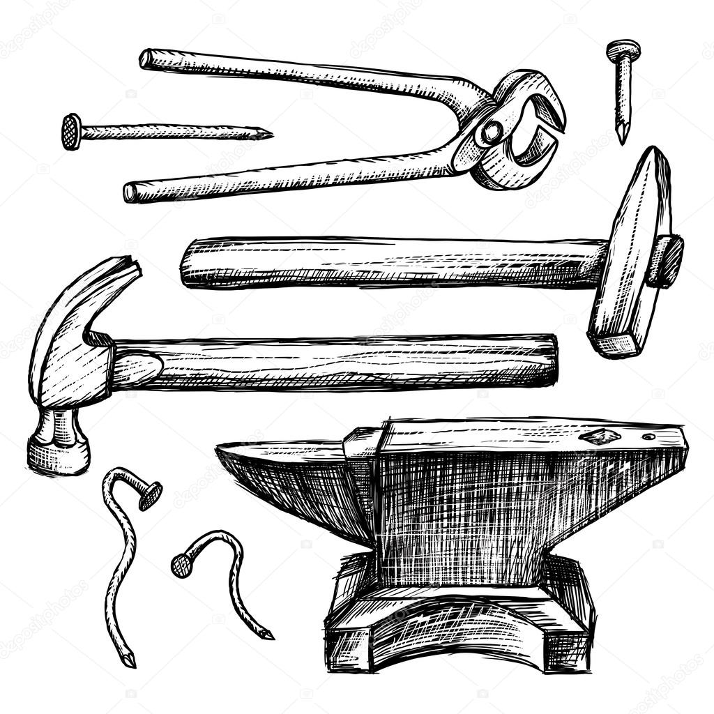 Hand drawing tools anvil hammer nails - Stock Image