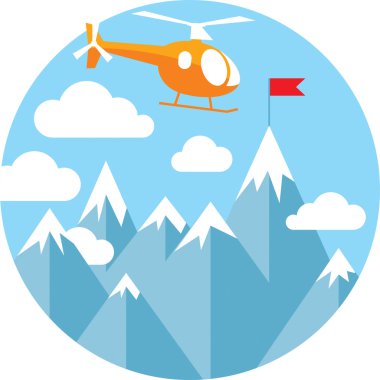 Helicopter and mountains with red flag in flat style