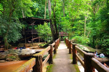 CHIANGMAI, THAILAND - 13 Temmuz 2017: Yeşillik ormanındaki güzel ahşap ev ve köprü. Turistler, Tayland 'daki ulusal parktaki tropikal yağmur ormanlarının kayaları üzerinde şelalenin ve akarsuyun tadını çıkarıyorlar.
