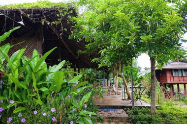 CHIANGMAI, THAILAND -09 Temmuz 2017: Tayland 'ın kuzeyinde dağ ve çiftliğin yakınında Tayland lanna tarzı bir tatil köyü ve tropikal bahçedeki teras üzerindeki klasik çelik beyaz sandalye ve masa.