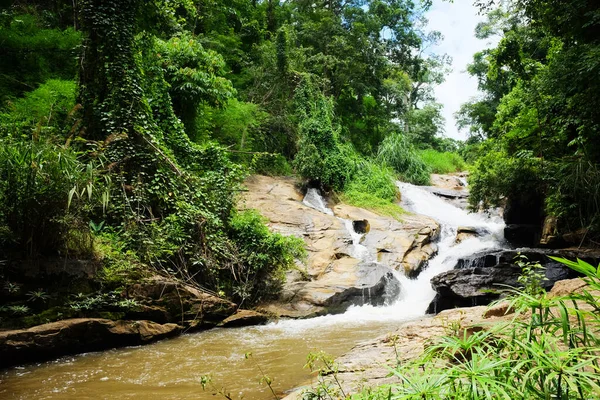 Hermosa Cascada Mea Montaña Arroyo Que Fluye Sobre Roca Selva —  Fotos de Stock