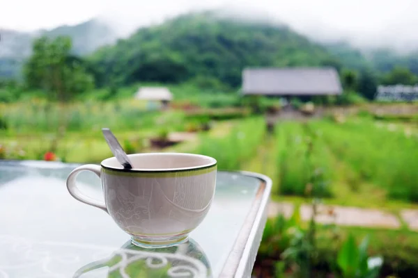 Une Tasse Café Chaud Sur Table Verre Dans Jardin Tropical — Photo