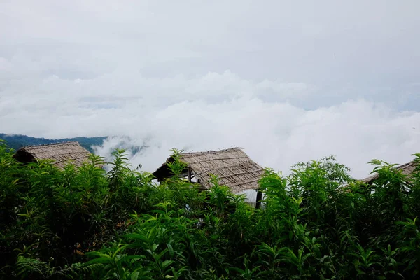 タイチェンマイの谷の山の上の丘と霧の上の風景小屋 — ストック写真