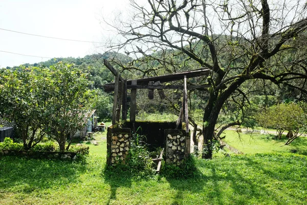 Outdoor Old Stone Artesian Water Well Vintage Bucket Garden Countryside — Stock Photo, Image