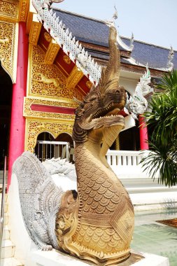 Güzel altın Naga heykeli ve antik sıva sanatı Tayland 'daki antik Budizm tapınağının önünde.