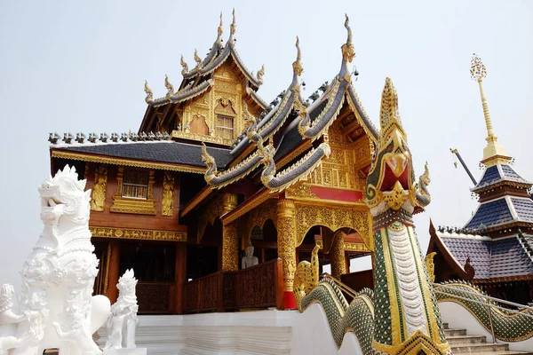 Tayland 'ın Chiang Mai eyaletindeki Wat Den Sali Mueang Kaen Tapınağı' nda altın antik Budist tapınağı önünde Beyaz Aslan sıva ve yeşil Naga heykeli ve antik sıva sanatı