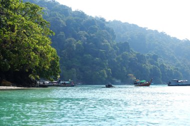 Tayland 'dan Phang Nga, Ulusal Park' taki Surin adalarındaki tropik plajlarda turistleri denizden geçirmek için kullanılan yerel ahşap teknenin güzel manzarası.