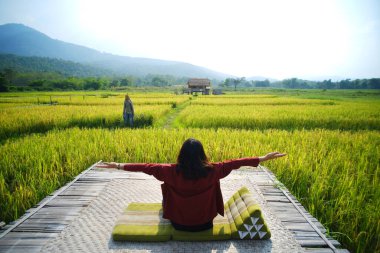 Yeşillik pirinç tarlaları ve dağ manzarasının ortasında bambu salda oturan Asyalı genç kadın. Gezgin mutlu ve Tayland 'a seyahat ediyor.