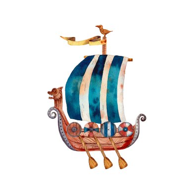 Viking Drackar 'ın şirin bir çizimi. Eski bir İskandinav gemisi. Eski deniz taşımacılığı. Çizgi film tarzında komik bir çizim. Kuzey uzun gemisi. Tahta savaş gemisi. Mavi çizgili bayrak. Ahşap drakkar.