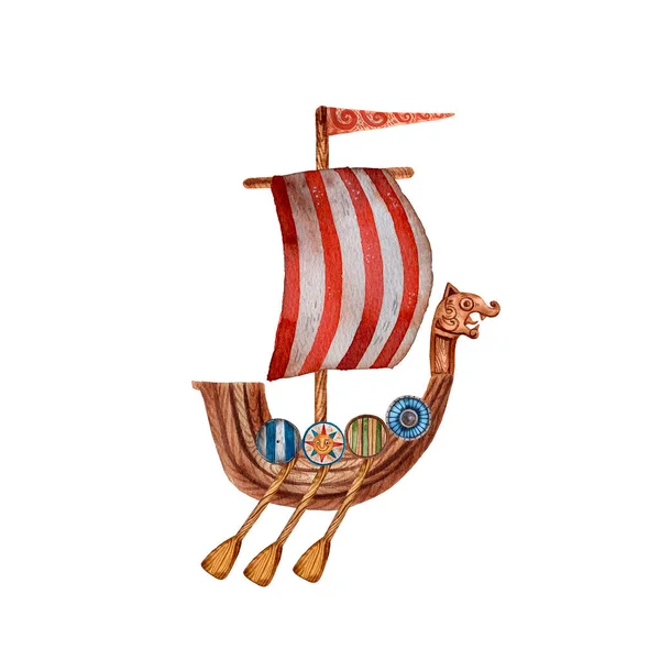 Cute illustration of viking drakkar. Ancient scandinavian boat. Old sea transport. Funny cartoon style of illustration. North longship. Wooden warship. Red flag. Wooden drakkar. — Stock Photo, Image