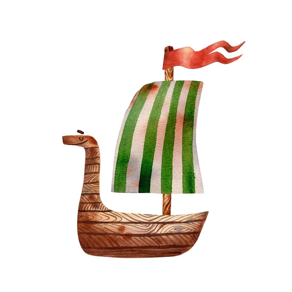 Cute illustration of viking drakkar. Ancient scandinavian boat. Old sea transport. Funny cartoon style of illustration. North longship. Wooden warship. Green stripes flag. Wooden drakkar.