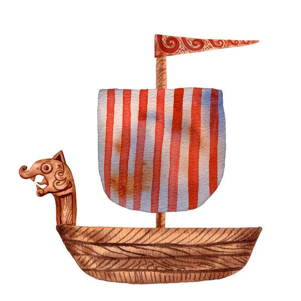 Cute illustration of viking drakkar. Ancient scandinavian boat. Old sea transport. Funny cartoon style of illustration. North longship. Wooden warship. Red stripes flag. Wooden drakkar. — Stock Photo, Image