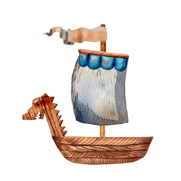 Cute illustration of viking drakkar. Ancient scandinavian boat. Old sea transport. Funny cartoon style of illustration. North longship. Wooden warship. Blue stripes flag. Wooden drakkar. — Stock Photo, Image
