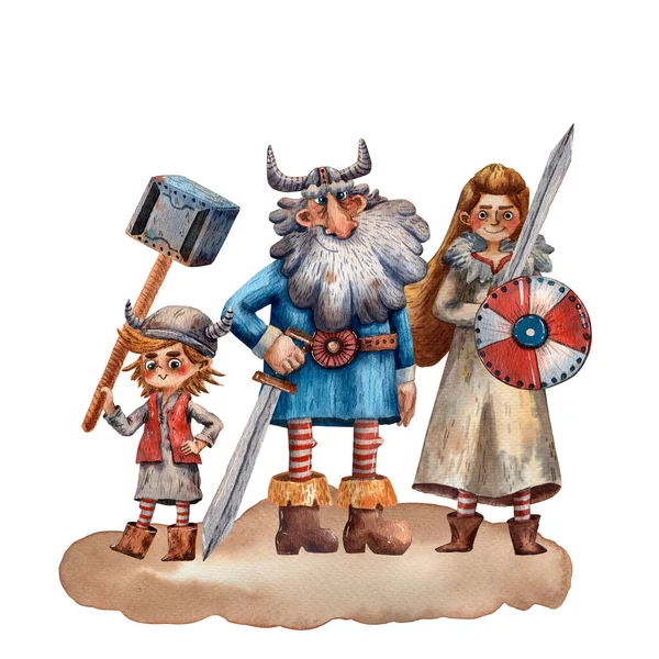 Cartoon Illustratie Van Viking Familie Portret Van Oude Man Meisje — Stockfoto