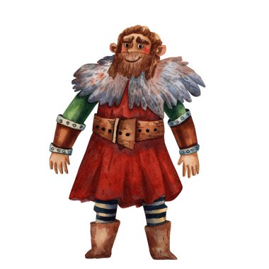 Komik Viking çizgi filmi çizimi. Büyük bir adamın portresi. Eski bez, sakal ve kask. Eski bir İskandinav erkeği. Sevimli çizgi film karakteri. Medirval viking. Geleneksel erkek portresi.