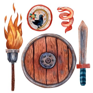 Viking kolları hazır. Güzel bir karikatür tarzı. Viking kılıcı, kalkan ve meşale. Viking parti dekorasyonu. Antik İskandinav geleneksel eşyaları. Kart ve yazdırma çizimleri.