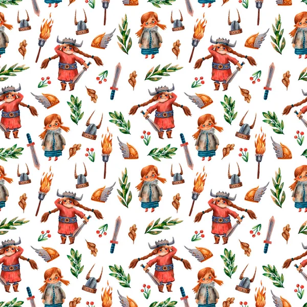 Cute viking pattern. Seamless texture. Little viking girls, swords and helmets. Fairy tale cartoon style. Funny textile print for girls. Children illustrations. Wrapping paper print.