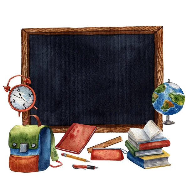 Cute watercolor school supplies. Hand drawn cartoon style. Earth globe, pen case, books, pencils and red alarm clock. Back to school style. Elementary school supplies. Frame for school announcement.