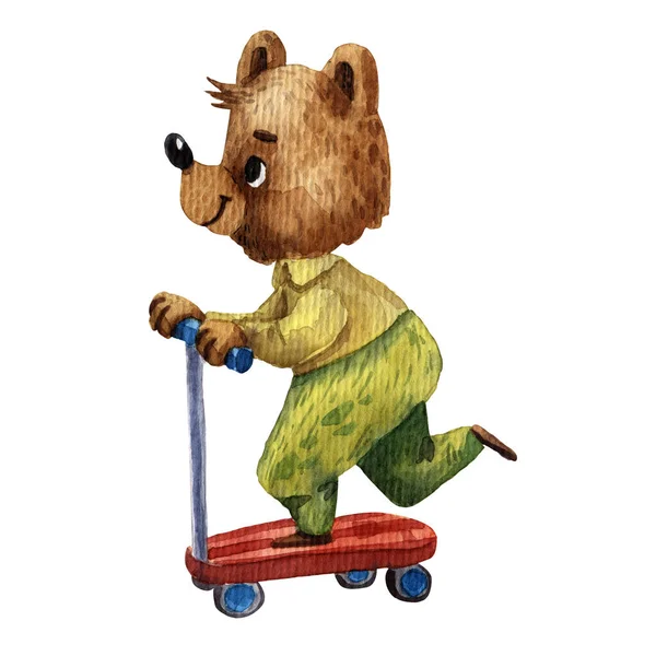 Ilustração aquarela de urso bonito. Personagem infantil em scooter. Ilustração de rapaz desportivo. Estilo dos desenhos animados. Um rapazinho engraçado. Desenho ilustração livro. Pequeno desportista em scooter pontapé. — Fotografia de Stock