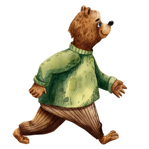 Ilustração aquarela de urso vestido bonito. Personagem de desenho animado engraçado. Urso adulto ambulante. Desenho ilustração livro. Urso papá. Retrato de família bonito. O pai vai para casa. Família feliz. Uma camisola quente. — Fotografia de Stock