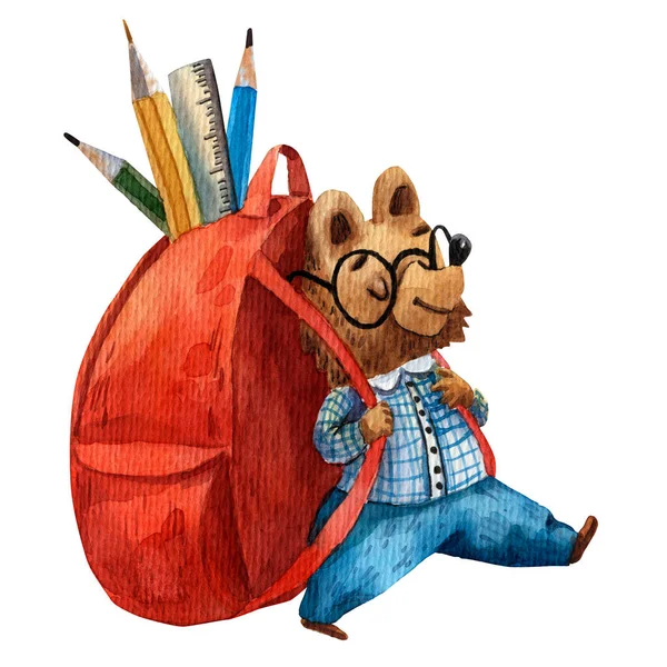 Illustration aquarelle d'ours mignon. Un personnage d'élève. Illustration de l'école primaire. Cartoon style. Des écoliers. Illustration de livre de dessin. Petit malin avec sacoche. Grand sac à dos rouge. Images De Stock Libres De Droits