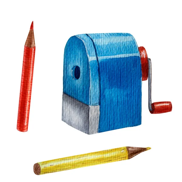 Cute watercolor school supplies. Hand drawn cartoon style. Pencil sharpenter and colored pencils. Back to school style. Elementary school supplies. Isolated educational concept. Cartoon style of art. — Stock Fotó