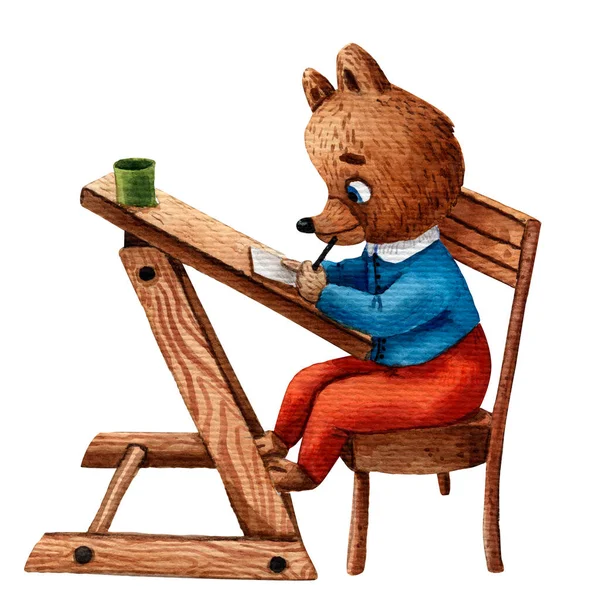 Illustration aquarelle d'ours mignon. Un personnage d'élève. Illustration de l'école primaire. Cartoon style. Des écoliers. Illustration de livre de dessin. Petit malin. Carte scolaire. Bureau en bois. — Photo