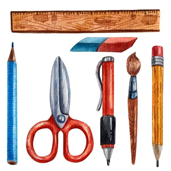 Watercolor School Supplies Hand Drawn Cartoon Style Colored Pencils Pen — Stock Photo, Image