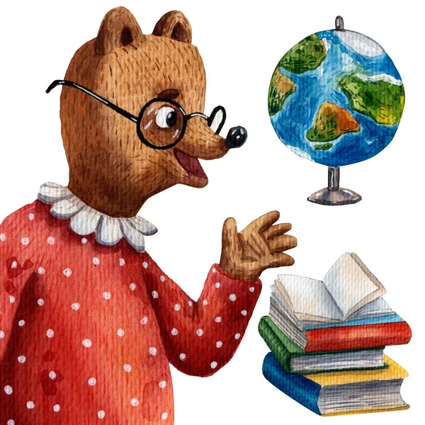 Aquarell Illustration Des Lehrers Niedlicher Bär Handgezeichnete Zeichentrickfigur Erdkugel Und — Stockfoto