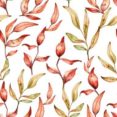 Kırmızı yaprakların kusursuz desenli suluboya botanik çizimler. Çizgi film tasviri. Botanik kartı. El yapımı sanat. kırmızı ağaç ögeleri.