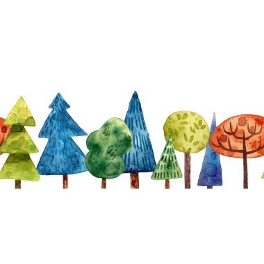 Ağaçların şirin suluboya çizimi, yaz ağaçları. Avrupa manzarası. Bir dizi Yeşil Ağaçlar Çizgi film stili çizim. Turistik kartpostal. Elle çizilmiş stil. oyun ve kartlar için izole dekoratif illüstrasyon.