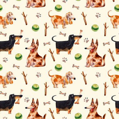 Elle çizilmiş karikatür köpekleri, toplar ve kemikler, hayvanların suluboya çizimi, renk arkaplanı