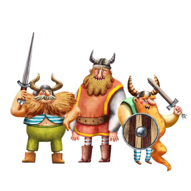 Komik Vikinglerin çizgi film çizimi. Büyük adamların portresi. Eski bez, sakal ve kask. Antik İskandinav erkekleri. Sevimli çizgi film karakterleri. Ortaçağ Vikingleri. Geleneksel erkek portresi.